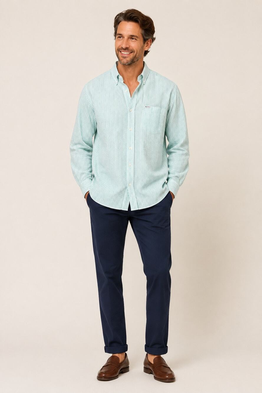 Façonnable Classique Men’s XL Mint Green Striped Seersucker Shirt Cotton